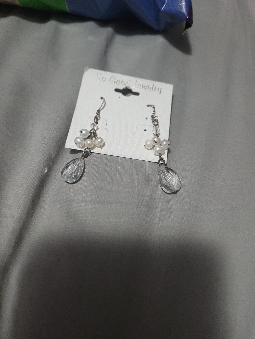 White Pearl & Clear Teardrop Sterling Silver Dangle Earrings